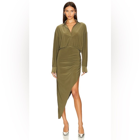 Norma Kamali Oversized Boyfriend Shirt Side Drape Gown in Military - Picture 1 of 5